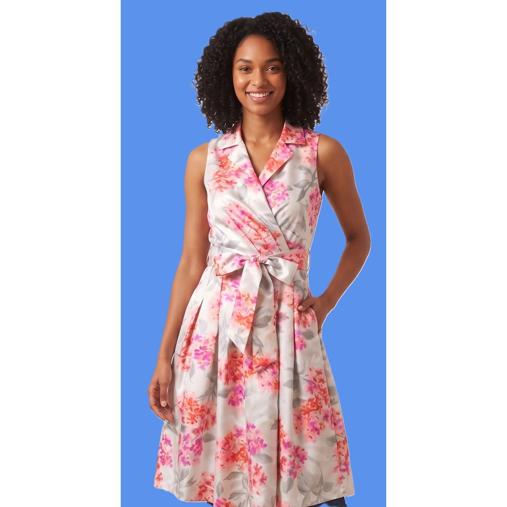 Vintage Jessica Howard Pink Floral Silver Wrap A-Line‎ Midi Dress Size 14